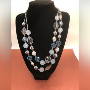 Crown Trifari Blue Glass Faceted Bead Double Strand Necklace Vintage Jewelry